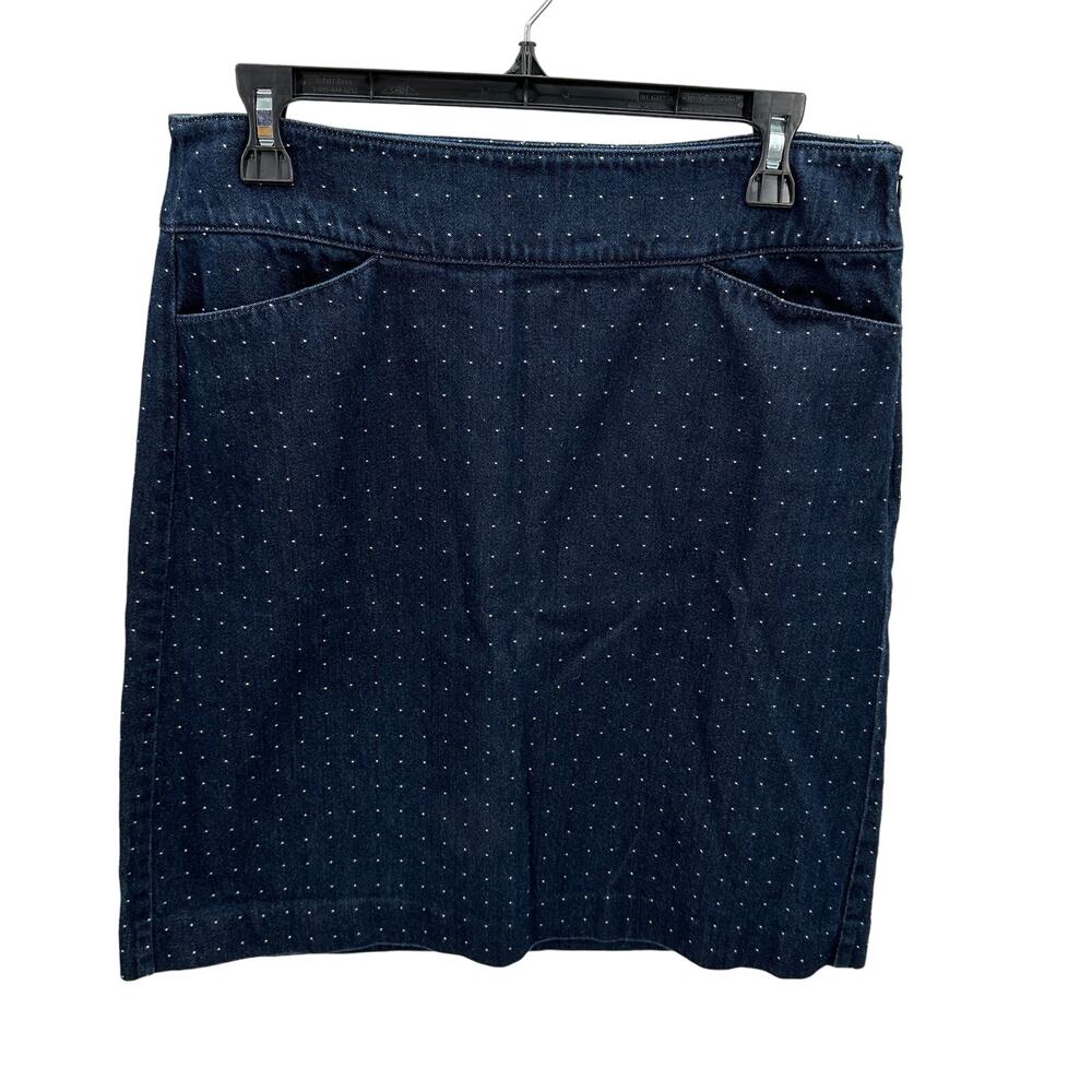 Talbots Dark Wash Cotton Denim Polka Dot Pencil Skirt // 8